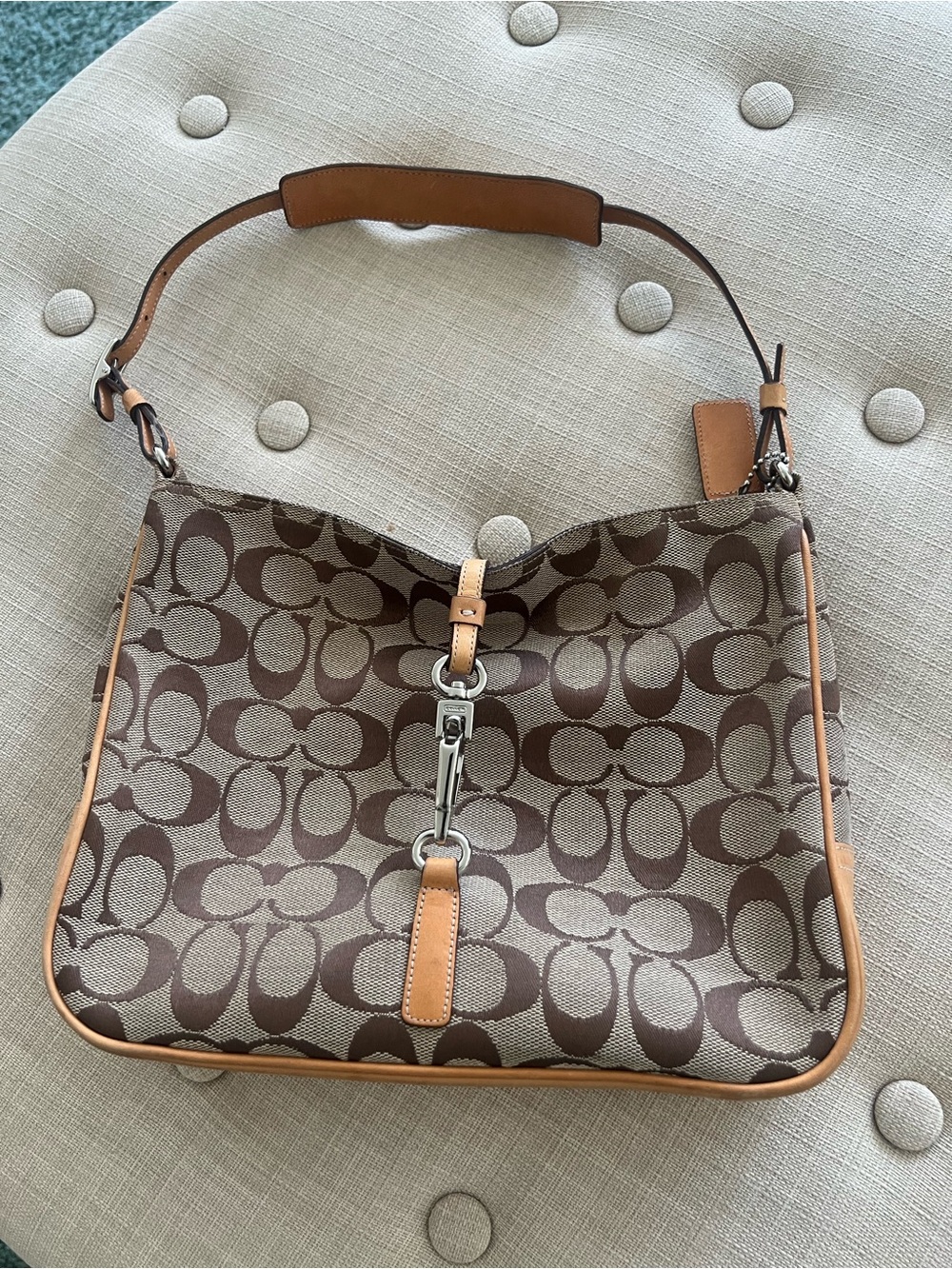 Coach Brown Signature Canvas Shoulder Bag with Tan Trim